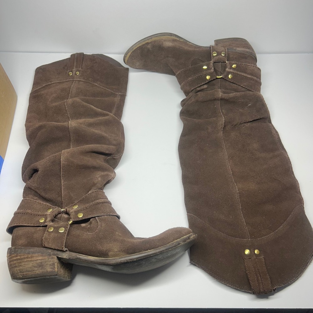 Unbranded Harness Slouch Boots Brown Suede Women Size 8 Y2K Boho Western